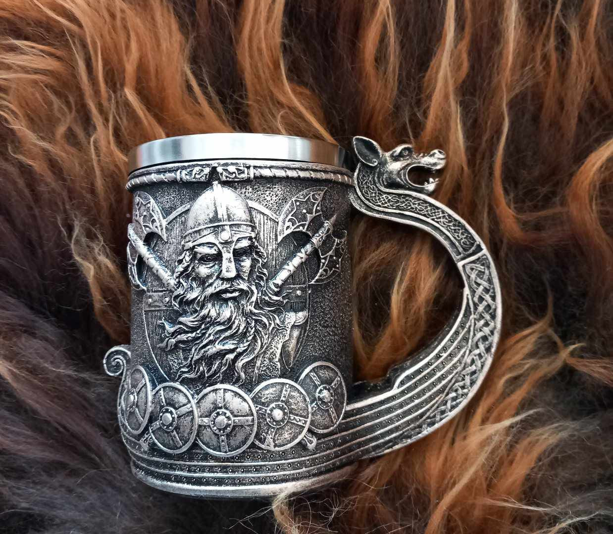 Gray mug with viking