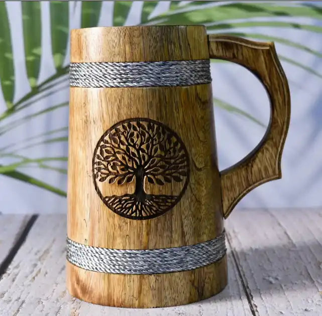 Wooden  Beer Mug With A Tree On It