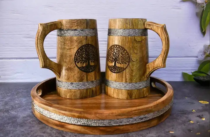 Wooden  Beer Mug With A Tree On It