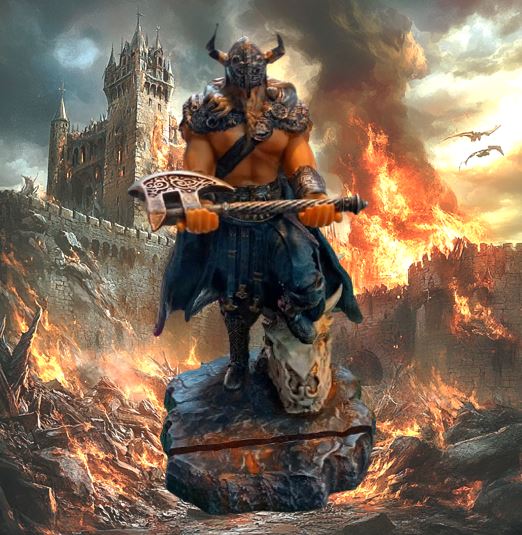 Viking Statue with Dragon Skull